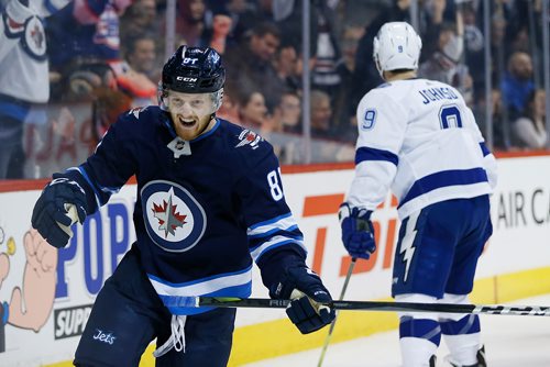 JOHN WOODS / WINNIPEG FREE PRESS
Winnipeg Jets' Kyle Connor (81) celebrates his goal against the Tampa Bay Lightning during second period NHL action in Winnipeg on Tuesday, January 30, 2018.