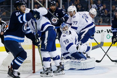JOHN WOODS / WINNIPEG FREE PRESS
Tampa Bay Lightning's goaltender Louis Domingue (70) reacts after Winnipeg Jets' Kyle Connor (81) scores during second period NHL action in Winnipeg on Tuesday, January 30, 2018.