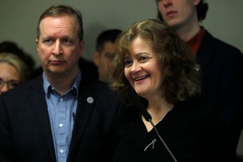 PHIL HOSSACK / WINNIPEG FREE PRESS - Professor Janet Morril of the UMFA and  Kevin Rebeck President of the MFL today at a press conference after a ruling against the Pallister government by the Labor Board.- January31, 2017