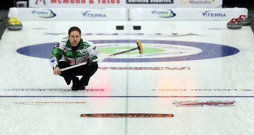 TREVOR HAGAN / WINNIPEG FREE PRESS
Skip Kelly Marnoch from the Carberry Curling Club watching his shot, at the 2018 Viterra Championship in Winkler, Wednesday, January 31, 2018.