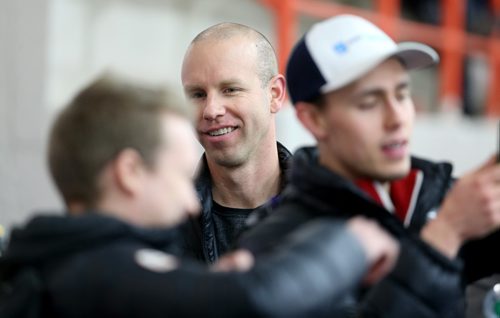 TREVOR HAGAN / WINNIPEG FREE PRESS
Skip Pat Simmons with his team, at the 2018 Viterra Championship in Winkler, Wednesday, January 31, 2018.