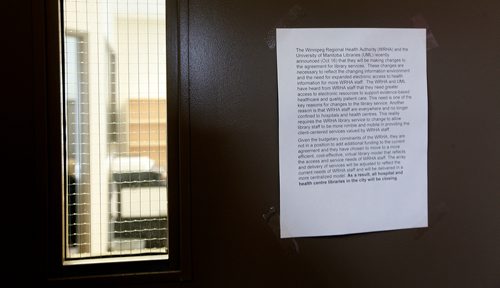 PHIL HOSSACK / WINNIPEG FREE PRESS - Hospital libraries are closing.
Misericordia -- Sister St. Odilon Library, 691 Wolseley Ave.is closing for sure. THe door was locked and had a notice taped to it and empty shelves behind it.  - January 31, 2017