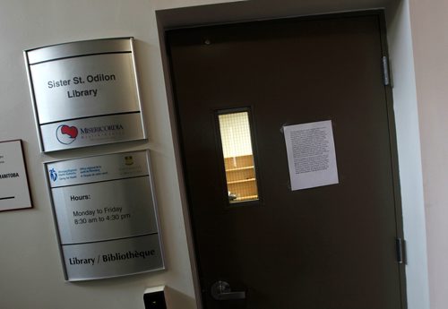PHIL HOSSACK / WINNIPEG FREE PRESS - Hospital libraries are closing.
Misericordia -- Sister St. Odilon Library, 691 Wolseley Ave.is closing for sure. THe door was locked and had a notice taped to it and empty shelves behind it.  - January 31, 2017