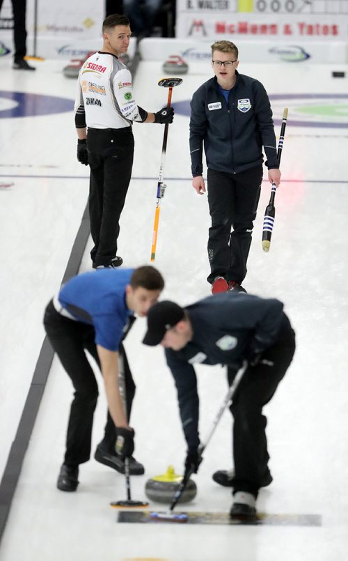 TREVOR HAGAN / WINNIPEG FREE PRESS
Skip Brett Walter, top right, from the Elmwood Curling Club, playing against William Lyburn, from the Assiniboine Memorial rink, at the Viterra Championships in Winkler, Wednesday, January 31, 2018.