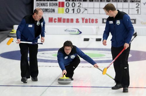 TREVOR HAGAN / WINNIPEG FREE PRESS
Skip Ryan Thomson, with Mark Georges and Evan Gillis prepared to sweep, at the Viterra Championships in Winkler, Wednesday, January 31, 2018.