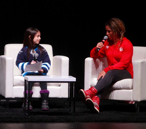 BORIS MINKEVICH / WINNIPEG FREE PRESS
True North Youth Foundation hosted it's inaugural P11 Mental Wellness Summit at the Burton Cummings Theatre today. From left, Brooklands School rep Alyssa (last name held back) interviews Winnipeg Olympic soccer player Desiree Scott at the event. RANDY TURNER STORY. January 31, 2018