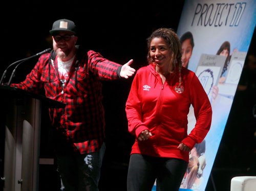 BORIS MINKEVICH / WINNIPEG FREE PRESS
True North Youth Foundation hosted it's inaugural P11 Mental Wellness Summit at the Burton Cummings Theatre today. From left, event MC Ace Burpee and Winnipeg Olympic soccer player Desiree Scott. RANDY TURNER STORY. January 31, 2018