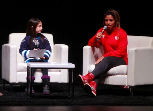 BORIS MINKEVICH / WINNIPEG FREE PRESS
True North Youth Foundation hosted it's inaugural P11 Mental Wellness Summit at the Burton Cummings Theatre today. From left, Brooklands School rep Alyssa (last name held back) interviews Winnipeg Olympic soccer player Desiree Scott at the event. RANDY TURNER STORY. January 31, 2018
