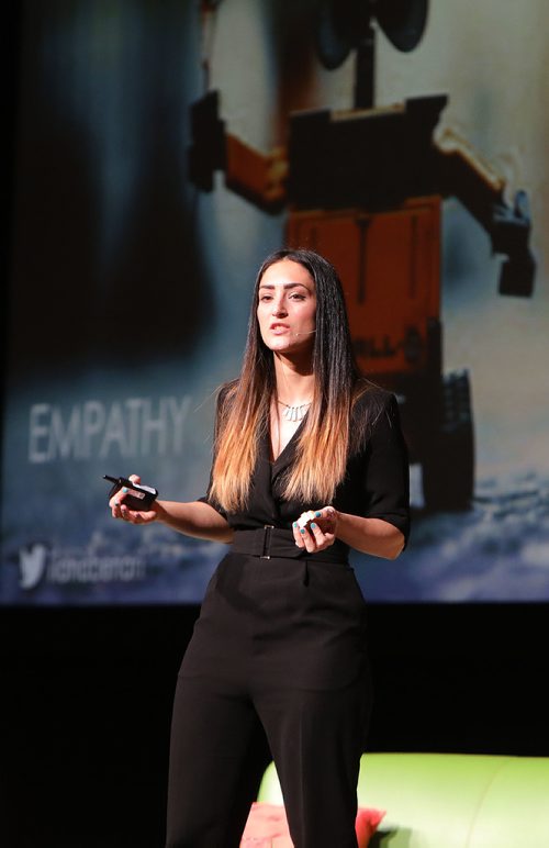 JASON HALSTEAD / WINNIPEG FREE PRESS

Ilan Ben-Ari, founder, CEO and designer of Twenty One Toys delivers her keynote talk Empathy is the No. 1 Job Skill at DisruptED: The Future of Work conference on Feb. 1, 2018 at the RBC Convention Centre Winnipeg. (RE: Martin Cash story)