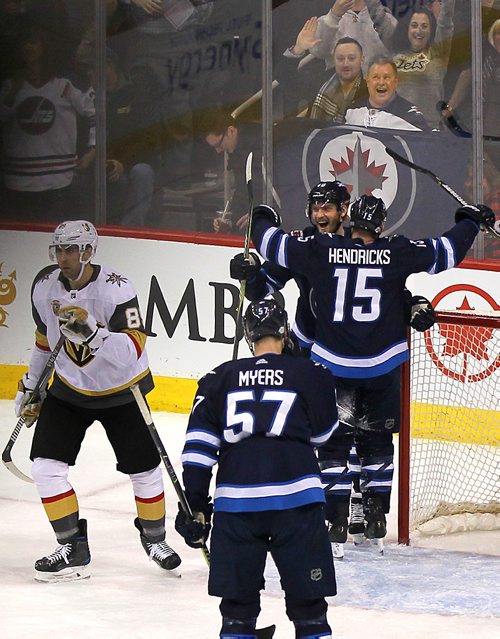 RUTH BONNEVILLE / WINNIPEG FREE PRESS

Winnipeg Jets #40 Joel Arnia celebrates his goal with #15 Matt Hendricks against Vegas Golden Knights in the 1st period of action at BellMTS Centre Thursday evening.  Score after the 1st period is 1 nothing for the Jets. 

Feb 01, 2018
 

