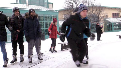 MIKE DEAL / WINNIPEG FREE PRESS
RRC students try skating for the first time at The Forks, Friday, February 2, 2018. The Language Training Centre at RRC brought around 30 students who had never skated before to The Forks to give them that essential Canadian experience.
180202 - Friday, February 02, 2018.