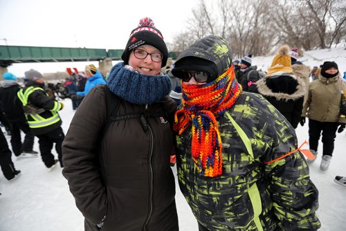 TREVOR HAGAN / WINNIPEG FREE PRESS
Shelley Fast and Carleen Bezdek. Skaters turned up at The Forks for a Guinness World Record attempt for the longest line of ice skaters, Sunday, February 4, 2018.