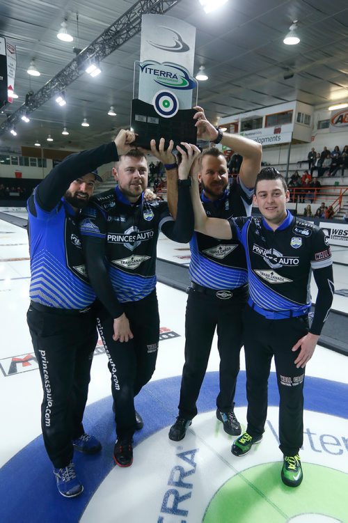 JOHN WOODS / WINNIPEG FREE PRESS
Reid Carruthers and his team Braeden Moskowy, Derek Samagalski and Colin Hodgson celebrate after defeating Mike McEwen in the Manitoba men's curling championship in Winkler Sunday, February 4, 2018.