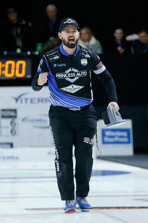 JOHN WOODS / WINNIPEG FREE PRESS
Reid Carruthers reacts after defeating Mike McEwen in the Manitoba men's curling championship in Winkler Sunday, Sunday, February 4, 2018.
