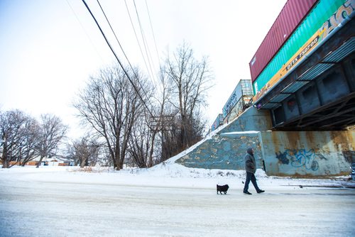 MIKAELA MACKENZIE / WINNIPEG FREE PRESS
Ken Trenaman walks his dog, Jill, along Tache Avenue in Winnipeg, Manitoba on Tuesday, Feb. 6, 2018. 
180206 - Tuesday, February 06, 2018.