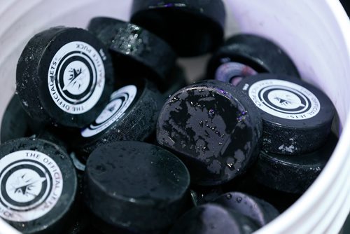 JOHN WOODS / WINNIPEG FREE PRESS
Practice pucks sit in the Ice Crew area prior to first period NHL action between the Winnipeg Jets vs Arizona Coyotes in Winnipeg on Tuesday, February 6, 2018.