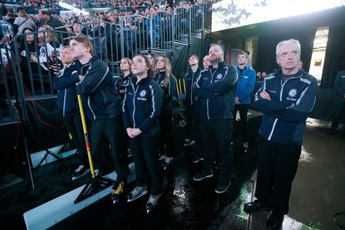 JOHN WOODS / WINNIPEG FREE PRESS
Members of the Ice Crew during the anthems prior to first period NHL action between the Winnipeg Jets vs Arizona Coyotes in Winnipeg on Tuesday, February 6, 2018.