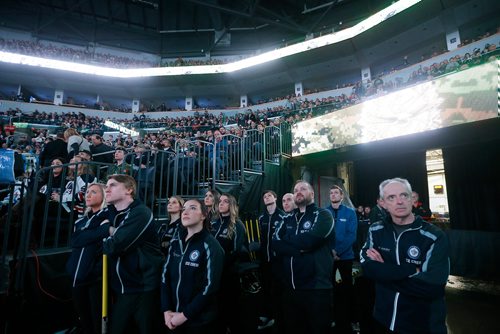 JOHN WOODS / WINNIPEG FREE PRESS
Members of the Ice Crew during the anthems prior to first period NHL action between the Winnipeg Jets vs Arizona Coyotes in Winnipeg on Tuesday, February 6, 2018.