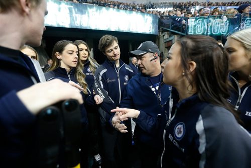 JOHN WOODS / WINNIPEG FREE PRESS
Members of the Ice Crew, lead by Nelson Nenka (R), have a pep talk  prior to first period NHL action between the Winnipeg Jets vs Arizona Coyotes in Winnipeg on Tuesday, February 6, 2018.