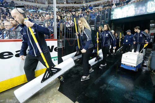 JOHN WOODS / WINNIPEG FREE PRESS
Members of the Ice Crew hit the ice during first period NHL action between the Winnipeg Jets vs Arizona Coyotes in Winnipeg on Tuesday, February 6, 2018.