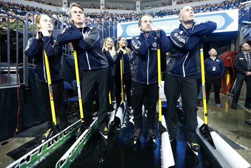 JOHN WOODS / WINNIPEG FREE PRESS
Members of the Ice Crew wait to hit the ice during first period NHL action between the Winnipeg Jets vs Arizona Coyotes in Winnipeg on Tuesday, February 6, 2018.