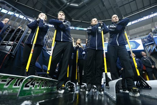 JOHN WOODS / WINNIPEG FREE PRESS
Members of the Ice Crew wait to hit the ice during first period NHL action between the Winnipeg Jets vs Arizona Coyotes in Winnipeg on Tuesday, February 6, 2018.