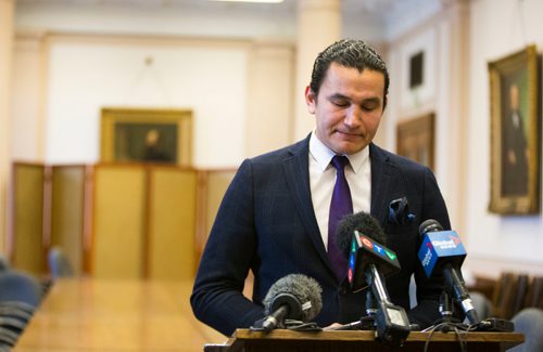 MIKAELA MACKENZIE / WINNIPEG FREE PRESS
NDP leader Wab Kinew addresses the media regarding a report regarding former MLA Stan Struthers and sexual harassment at the Manitoba Legislative Building in Winnipeg, Manitoba on Thursday, Feb. 8, 2018. 
180208 - Thursday, February 08, 2018.