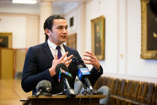 MIKAELA MACKENZIE / WINNIPEG FREE PRESS
NDP leader Wab Kinew addresses the media regarding a report regarding former MLA Stan Struthers and sexual harassment at the Manitoba Legislative Building in Winnipeg, Manitoba on Thursday, Feb. 8, 2018. 
180208 - Thursday, February 08, 2018.