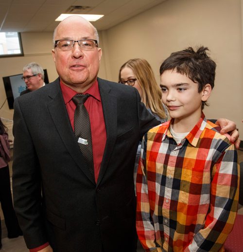 MIKE DEAL / WINNIPEG FREE PRESS
Michael Schlater owner of Domino's Pizza and patient Morgan Walker during the opening of Pediatric Epilepsy Monitoring Unit at the Children's Hospital Foundation of MB . Michael and his wife Lilibeth Schlater donated $2 million towards the unit.
180209 - Friday, February 09, 2018.