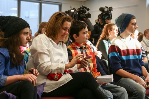 MIKE DEAL / WINNIPEG FREE PRESS
Patient Morgan Walker (third from left) with his sister, Maddy, mom Meredith and brother Whyatt during the opening of Pediatric Epilepsy Monitoring Unit at the Children's Hospital Foundation of MB  with Michael and Lilibeth Schlater who donated $2 million towards the unit.
180209 - Friday, February 09, 2018.