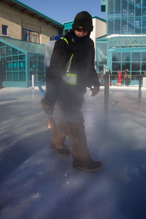 MIKE DEAL / WINNIPEG FREE PRESS
The Crokicurl rink is pebbled prior to the first ever Mayor's Cup Crokicurl Tournaspiel at The Forks Friday afternoon.
180209 - Friday, February 09, 2018.