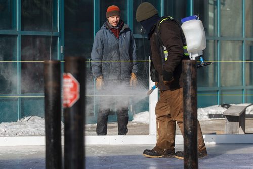 MIKE DEAL / WINNIPEG FREE PRESS
The Crokicurl rink is pebbled prior to the first ever Mayor's Cup Crokicurl Tournaspiel at The Forks Friday afternoon.
180209 - Friday, February 09, 2018.