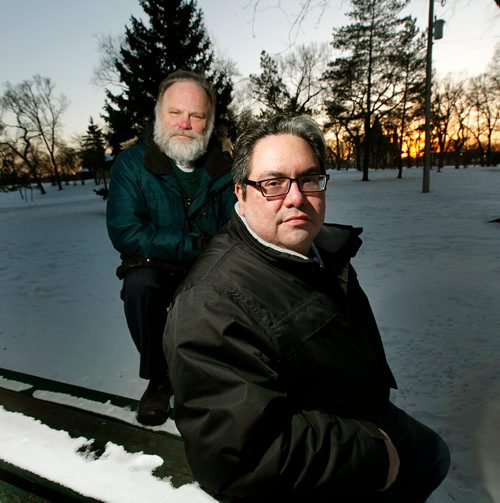 PHIL HOSSACK / Winnipeg Free Press -  Kyle Mason (front) and Very Reverend Paul Johnson pose in St John's Park Friday afternoon. See Jessica's story re: Healing Forest plans for a corner of the park.  -  February 8, 2018