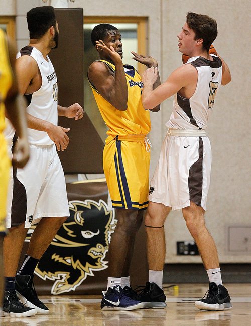 PHIL HOSSACK / Winnipeg Free Press - Brandon Bobcat #8 Jonathan Range surrenders the ball to U of M Bison #10 James Wagner after a tug of war Friday night at the Investor's Group Athletic Centre.  -  February 9, 2018