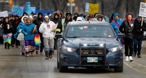PHIL HOSSACK / Winnipeg Free Press - Protestors march down Broadway to the Courthouse from the Forks Saturday afternoon. See Alex Paul's story.-  February 10, 2018
