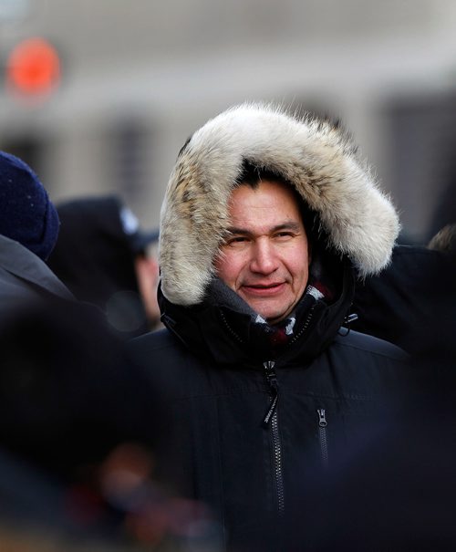 PHIL HOSSACK / Winnipeg Free Press - NDP leader Wab Kinew walks with protestors marching down Broadway to the Courthouse from the Forks Saturday afternoon. See Alex Paul's story.-  February 10, 2018