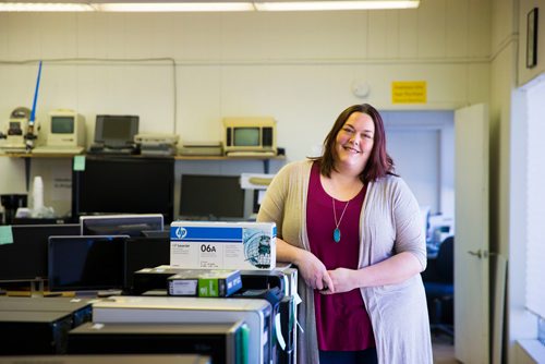 MIKAELA MACKENZIE / WINNIPEG FREE PRESS
Mother Earth Recycling centre manager Jessica Floresco poses for a portrait at the storefront in Winnipeg, Manitoba on Monday, Feb. 12, 2018. The centre recycles things like electronics and mattresses, but also offers jobs and training to low income people to help get them on their feet.
180212 - Monday, February 12, 2018.