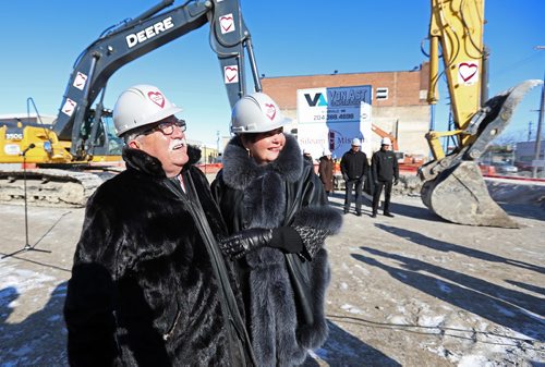 
RUTH BONNEVILLE / WINNIPEG FREE 


Today, Siloam Mission  breaks ground on a major expansion of its downtown campus to better help Winnipegs vulnerable recover and reintegrate. 
The 54,300 square foot building will create 50 additional shelter beds and more space for Siloams health services, mental health supports and transition services to meet the growing demand of people experiencing homelessness.
Jim Bell, CEO of Siloam Mission (on far right) is all smiles as backhoes break ground. 

Local, Bonnie and John Buhler, Philanthropists who donated funds to help with expansion project, look on at ground breaking Monday.  

FEB 12,2018