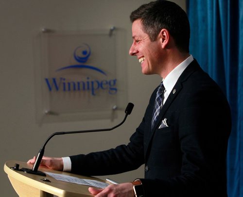 BORIS MINKEVICH / WINNIPEG FREE PRESS
City of Winnipeg Mayor Brian Bowman addresses the media in the basement media room after this mornings EPC meeting.  Feb. 13, 2018