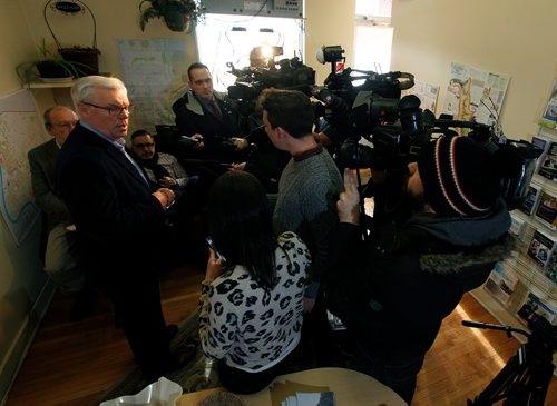 PHIL HOSSACK / Winnipeg Free Press - Former NDP Premier Greg Selinger is hemmed in by media scrumming at a press conference called at his consituency office Tuesday morning. See Nick Martin Story.-  February 13, 2018