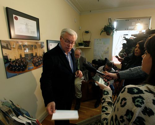PHIL HOSSACK / Winnipeg Free Press - Setting down a prepared statement he read former NDP Premier Greg Selinger is hemmed in by media scrumming at a press conference called at his consituency office Tuesday morning. See Nick Martin Story.-  February 13, 2018
