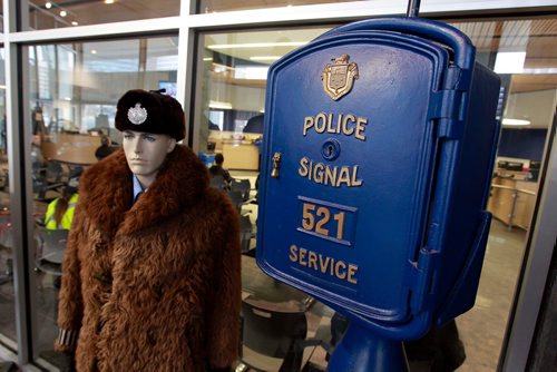 BORIS MINKEVICH / WINNIPEG FREE PRESS
The Winnipeg Police Museum at the new Police Headquarters. This is an old buffalo coat and the historic police signal box. BILL REDEKOP STORY Feb. 13, 2018