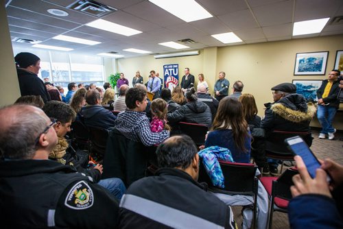 MIKAELA MACKENZIE / WINNIPEG FREE PRESS
Randy Tonnelier speaks at a memorial for Irvine Jubal Fraser, an operator killed one year ago, held by the he Amalgamated Transit Union in Winnipeg, Manitoba on Wednesday, Feb. 14, 2018. 
180214 - Wednesday, February 14, 2018.