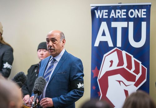 MIKAELA MACKENZIE / WINNIPEG FREE PRESS
Aleem Chaudhary, president of the Amalgamated Transit Union, speaks at a memorial for Irvine Jubal Fraser, an operator killed one year ago, in Winnipeg, Manitoba on Wednesday, Feb. 14, 2018. 
180214 - Wednesday, February 14, 2018.