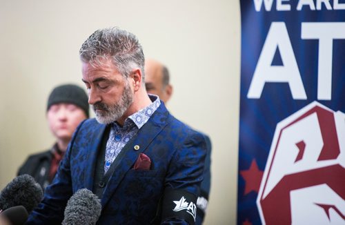 MIKAELA MACKENZIE / WINNIPEG FREE PRESS
John Callahan speaks at a memorial for Irvine Jubal Fraser, an operator killed one year ago, held by the he Amalgamated Transit Union in Winnipeg, Manitoba on Wednesday, Feb. 14, 2018. 
180214 - Wednesday, February 14, 2018.