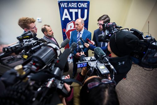 MIKAELA MACKENZIE / WINNIPEG FREE PRESS
Aleem Chaudhary answers questions from the media at a memorial for Irvine Jubal Fraser, an operator killed one year ago, held by the he Amalgamated Transit Union in Winnipeg, Manitoba on Wednesday, Feb. 14, 2018. 
180214 - Wednesday, February 14, 2018.