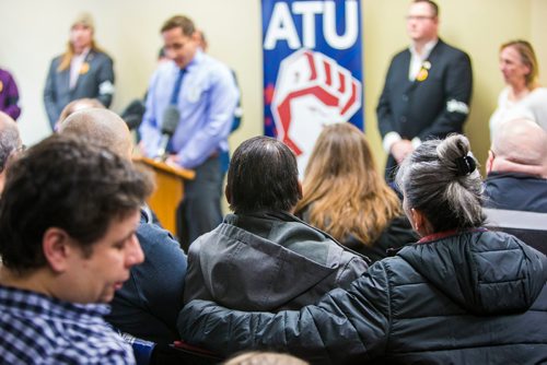 MIKAELA MACKENZIE / WINNIPEG FREE PRESS
Randy Tonnelier speaks at a memorial for Irvine Jubal Fraser, an operator killed one year ago, held by the he Amalgamated Transit Union in Winnipeg, Manitoba on Wednesday, Feb. 14, 2018. 
180214 - Wednesday, February 14, 2018.