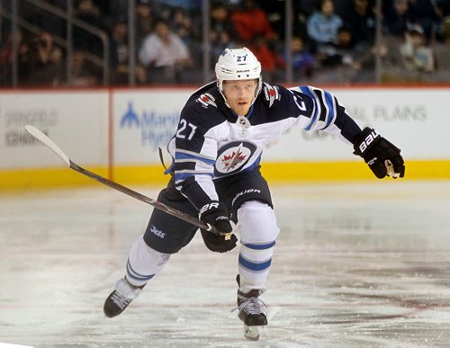 PHIL HOSSACK / WINNIPEG FREE PRESS - Nikolaj Ehlers put it all on the line but tripped up in the final turn of the fastest skater event Wednesday at Bell MTS Place as the Jets showed off their skills for fans in the annual Skills Competition.  See story. February 13, 2018