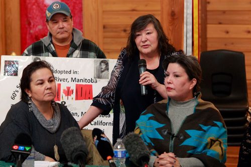 BORIS MINKEVICH / WINNIPEG FREE PRESS
Sixties Scoop Adoptees are calling the Proposed Sixties Scoop Settlement Garbage. Press conference at Thunderbird House. From left, Jocelyn Bourbonnais, Harold Joseph Longclaws (holding sign back), Carla Williams (speaking), and Coleen Rajotte. ALEXANDRA PAUL STORY. Feb. 16, 2018