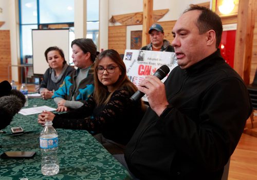 BORIS MINKEVICH / WINNIPEG FREE PRESS
Sixties Scoop Adoptees are calling the Proposed Sixties Scoop Settlement Garbage. Press conference at Thunderbird House. From left, Jocelyn Bourbonnais, Coleen Rajotte, Priscilla Meeches, Harold Joseph Longclaws (holding sign back), and Stewart Garnett (speaking). ALEXANDRA PAUL STORY. Feb. 16, 2018